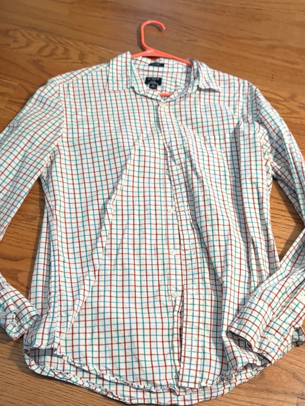 J. Crew Men's White Button-Down Shirt with Red & Blue Windowpane